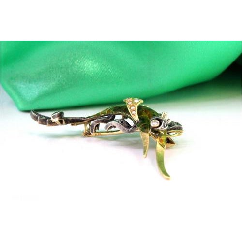 Gold and Silver Brooch with Diamond Flakes and Enamel For Sale - Image 3 of 7