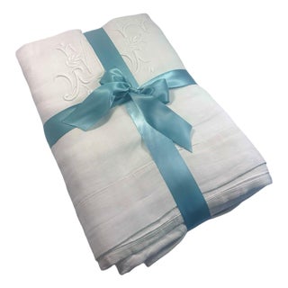 Antique French Heavy Linen Sheet, Mf Monogram, Hand Embroidered, Center Seam, Circa 1900 For Sale