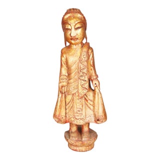 Vintage Gilt Wood Standing Mandalay Buddha Statue Figurine Carving For Sale
