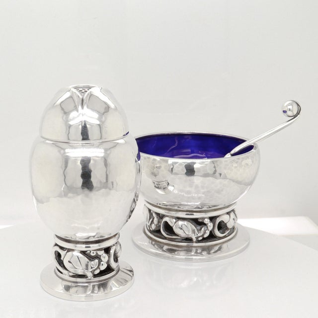 Mid-Century Modern Signed Georg Jensen Sterling Silver Blossom Pepper Shaker & Salt Cellar Pair #2a For Sale - Image 3 of 18