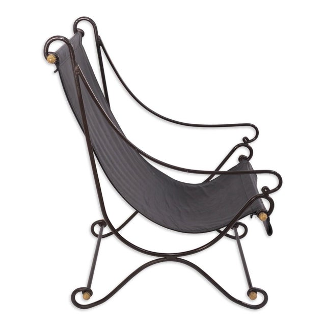 Modern David Hicks Campache Style Wrought Iron and Leather Sling Back Chair For Sale - Image 3 of 8