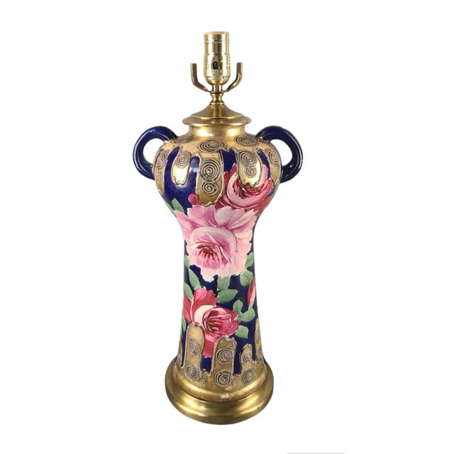 Early 20th Century Satsuma Royal Blue Hand Painted Romantic Roses Gilded Table Lamp Vase For Sale - Image 12 of 12