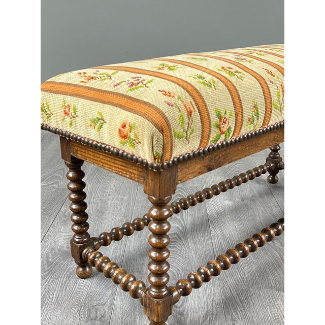 Antique Turned Wood Bench with Floral Tapestry Seat For Sale - Image 5 of 8