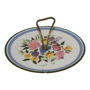 1950s Stangl Pottery Fruit & Flowers Pattern Handcrafted Round Serving Tray With Center Handle