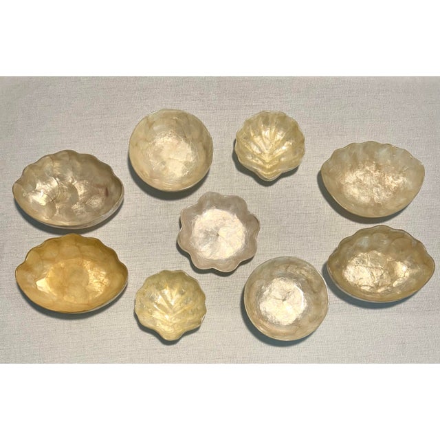 MCM Gump’s capiz bowls and scalloped shell dishes, 9-piece set—iridescent shell finishes with elegant, scalloped edges and...