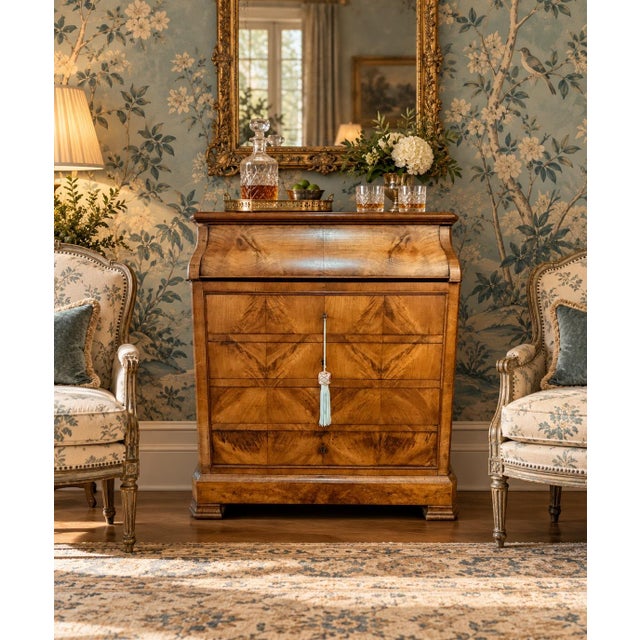 Elegant Biedermeier-style tall chest of drawers featuring dramatic book-matched crotch mahogany veneer, a concealed...