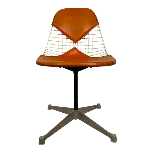 Mid 20th Century Vintage Side Chair in the Style of Eames' 'Bikini', Orange Leather With 4 Prong Base For Sale