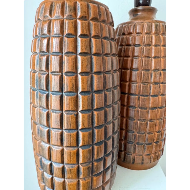1960s Stoneware Table Lamps with Structured Relief from Anorld Wiigs, Norway, 1970s, Set of 2 For Sale - Image 5 of 6