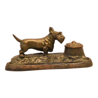 Antique Jennings Brothers Cast Bronze Scottish Terrier Inkwell & Pen Tray For Sale