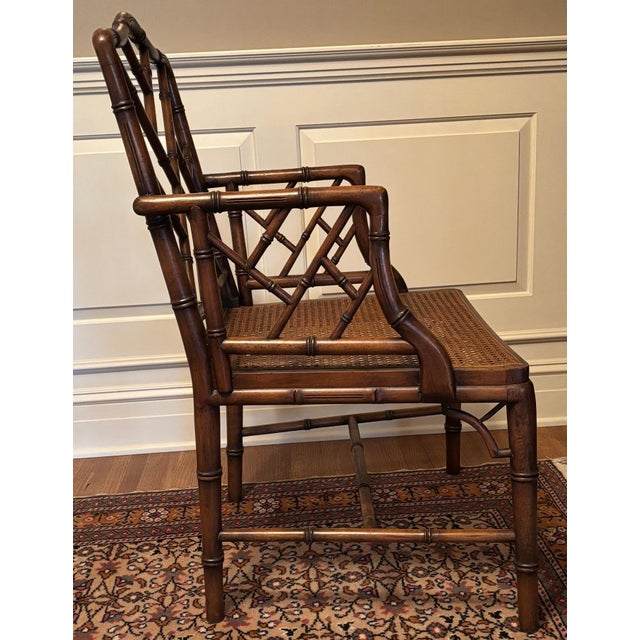 Wood 1970s Pair of Mid-Century Faux Bamboo Chinese Chippendale Style . Arm Chairs For Sale - Image 7 of 10