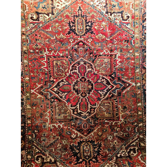 Vintage Persian Heriz Rug, Hand-Knotted Wool, Geometric Medallion Pattern, Red & Navy, 9x12 For Sale - Image 13 of 18