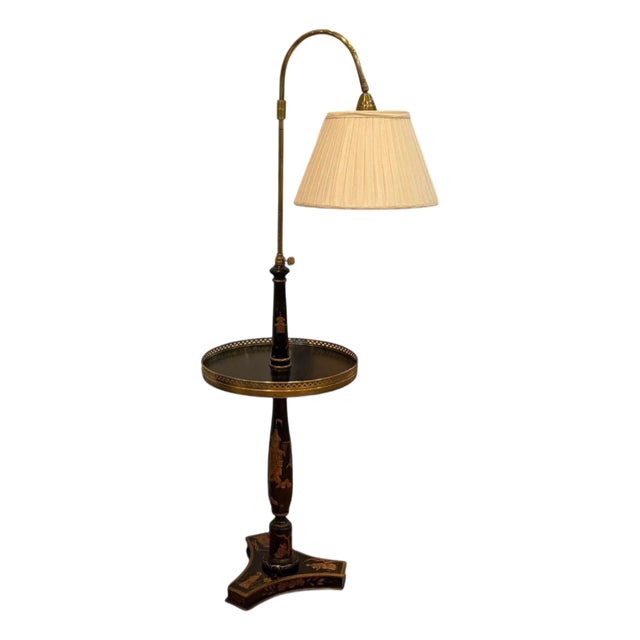 Chinoiserie Style, Crackle Lacquer, Giltwood, Floor Lamp With Shelf, Usa, 20th C For Sale