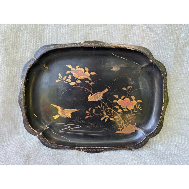 Early 20th Century Vintage Black Lacquer Chinoiserie Bird Tray For Sale - Image 5 of 15