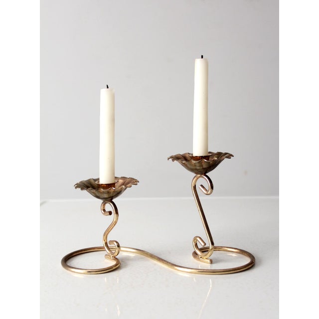 Vintage Brass Double Candlestick Holder For Sale - Image 4 of 12