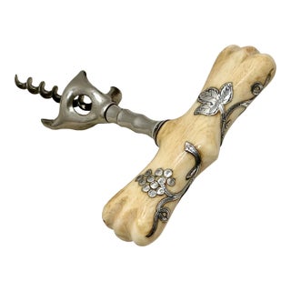 Fine & Unusual Antique American Victorian Sterling Silver Inlayon Bone Wine Corkscrew - Circa 1900 For Sale