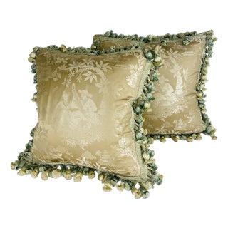 Scalamandré Silk Chinoiserie Tasseled Pillows/ a Pair For Sale