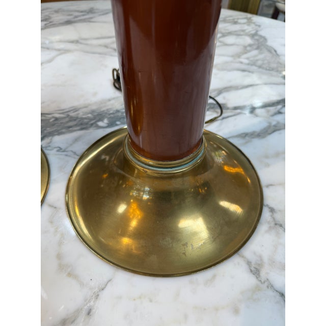 Brown 1970s Mid-Century Modern Brass and Brown Lacquer Table Lamps - a Pair For Sale - Image 8 of 9