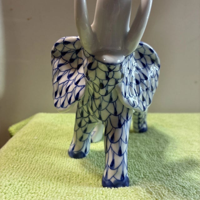 Herend Vintage Herend Style Andrea by Sadek Blue White Fishnet Elephant Porcelain Figurine For Sale - Image 4 of 4