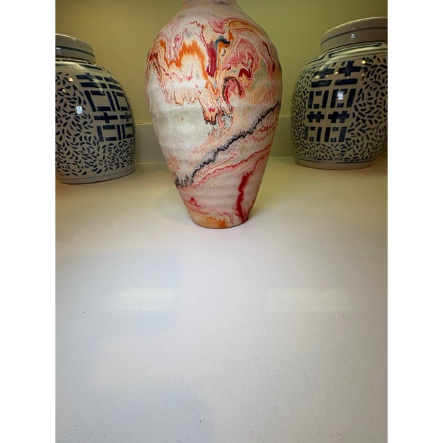 Boho Chic Nemadji Swirl Vase in Red Orange & Gray Studio Pottery For Sale - Image 10 of 12