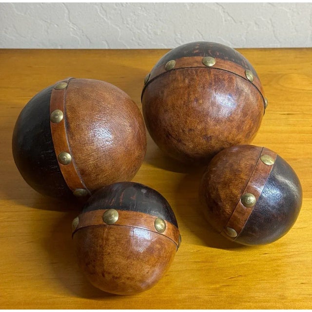 Late 20th Century Brass Studded Leather Clad Wood Decorative Balls Spheres Orbs- Set of 4 For Sale - Image 4 of 11