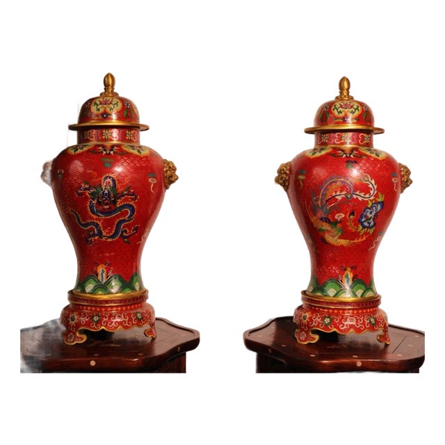 Pair of Chinese Cloisonné Vases | Red Ground Dragon & Phoenix Motif With Stands For Sale