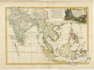 Antique Map of Southeast Asia with Decorative Allegorical Cartouche, 1762