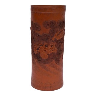 Large Antique Japanese Tokoname Meiji Period Moriage Dragon Cylinder Vase For Sale