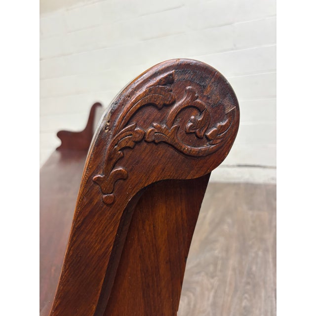 Antique American Gothic Revival 8 Ft Carved Solid Oak Church Pew For Sale - Image 4 of 12
