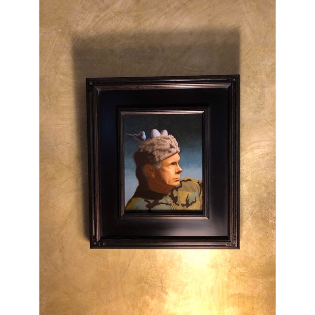 Figurative Scout by Shawn Sullivan | Oil on Panel Portrait of a man with a bird on his hat For Sale - Image 3 of 4