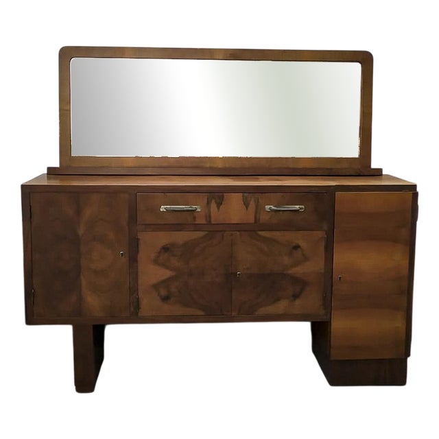 Italian Art Deco Credenza with Walnut Veneered Mirror For Sale