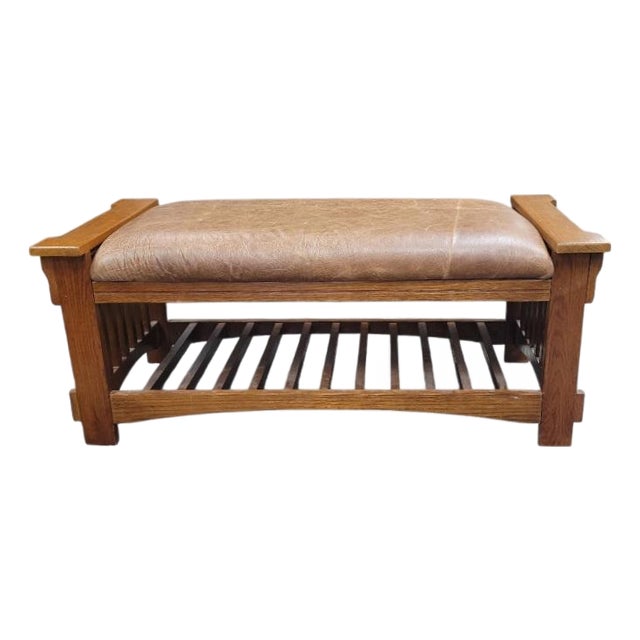 1990s Mission Style Oak Bomber Leather Window Bench For Sale