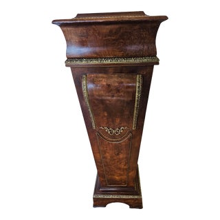 1980s Faux Burl Walnut Painted Pedestal With Bronze Mounts and a Rouge Marble Top For Sale