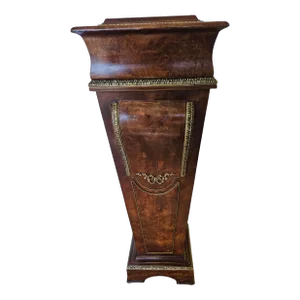 1980s Faux Burl Walnut Painted Pedestal With Bronze Mounts and a Rouge Marble Top