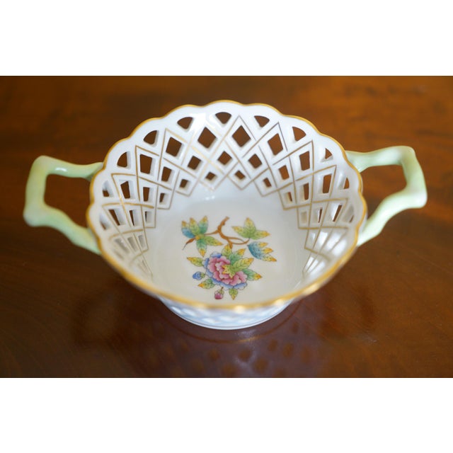 English Vintage Herend Hungary Chinese Flower Openwork Porcelain Basket With Handles For Sale - Image 3 of 8