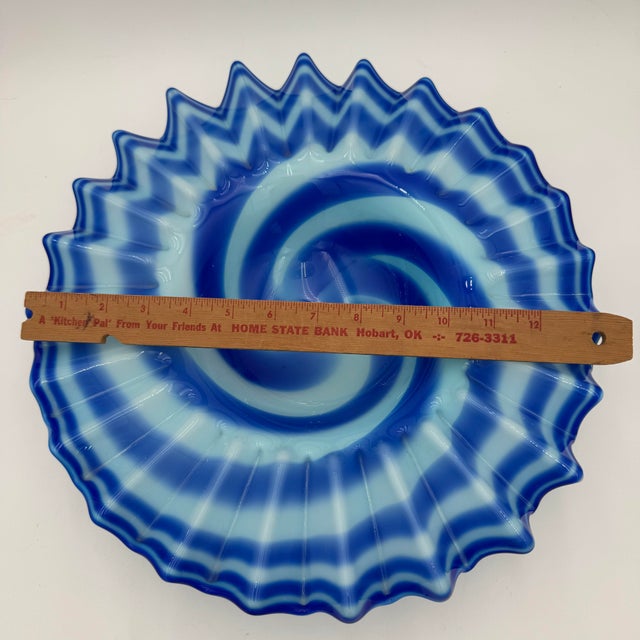 Mid 20th Century Vintage Blue and White Murano Glass Bowl Ribbon Edge 14" For Sale - Image 5 of 9