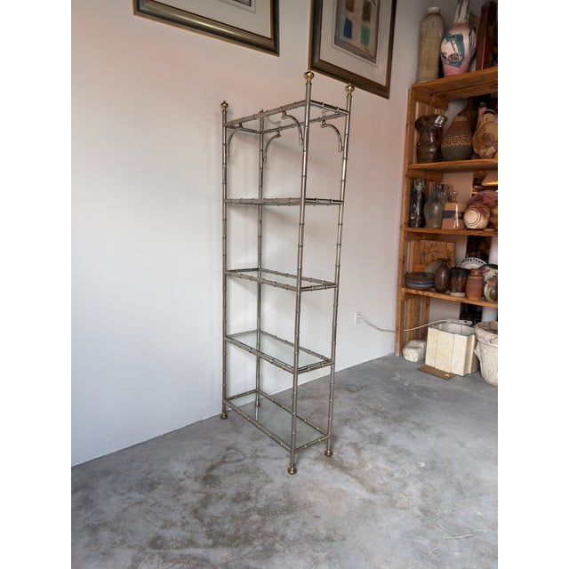 Hollywood Regency Hollywood Regency Faux Bamboo Chrome & Brass Five-Tier Étagère Bookcase For Sale - Image 3 of 12