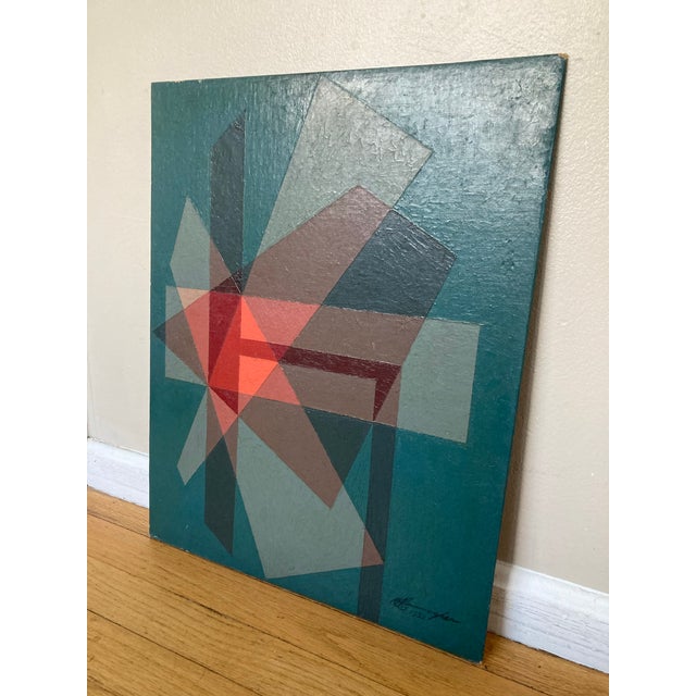 Benjamin Ben Frazier Cunningham (1925-1975) Painting Oil on Canvas Board 1952 “Scarlet” Op Art Hard Edge Mid Century 16”x20” For Sale - Image 6 of 12