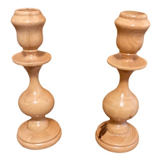 Vintage Maple Hand Turned Candlesticks, Set of 2 For Sale