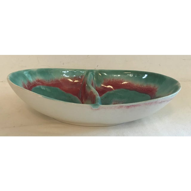 Nice vintage Dryden ceramic divided dish with turquoise and ping swirl, drip glaze. Really nice!