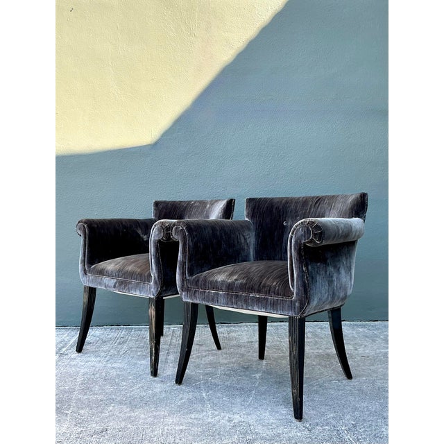 Mid-Century Modern Vintage Roll Arm Velvet Side Chairs After Parzinger - A Pair For Sale - Image 3 of 12