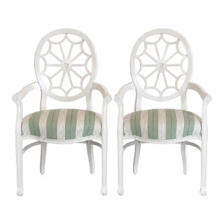 Pair of White Oval Spider Back Chairs Newly Upholstered in Schumacher Green & White Audrey Stripe For Sale