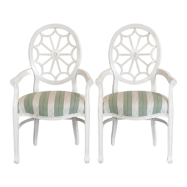 Pair of White Oval Spider Back Chairs Newly Upholstered in Schumacher Green & White Audrey Stripe For Sale