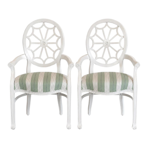 Pair of White Oval Spider Back Chairs Newly Upholstered in Schumacher Green & White Audrey Stripe