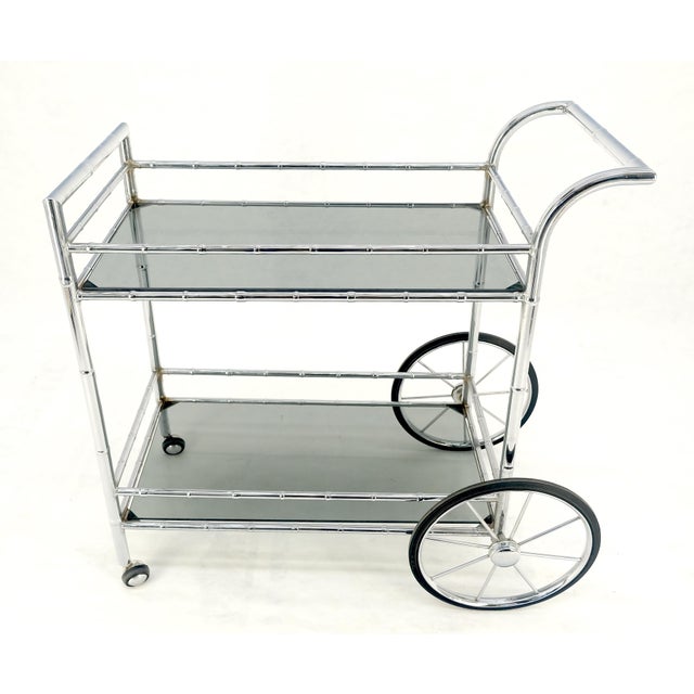 Italian Chrome Faux Bamboo Smoked Glass Two Tiers Serving Cart Bar Table MINT For Sale - Image 4 of 11