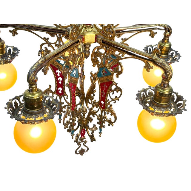 1910s Cast Brass Semi Flush Ceiling Light With Red and Blue Embellishments Circa 1915 For Sale - Image 10 of 16