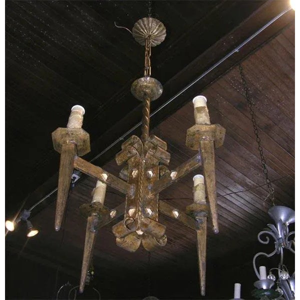 French French Gilt Metal Brutalist Style Chandelier For Sale - Image 3 of 8