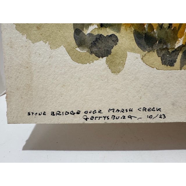 1940s Henry Emil Salloch Original Watercolor on Paper Stone Bridge. Gettysburg Pennsylvania, 1946. For Sale - Image 5 of 8