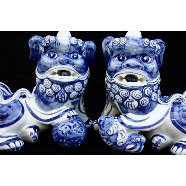 Large Pair Blue & White Porcelain Foo Dog Statues Antique Guardian