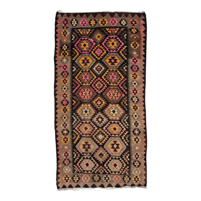 Vintage Kilim Brown Handmade Flatweave Geometric Motif Wool Runner For Sale