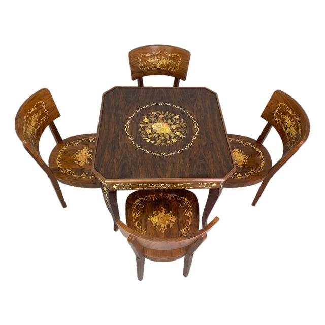 Italian Octagonal Multi-Game Table With 4 Chairs, Inlaid Wood, Chess, Backgammon & Roulette, 1980s For Sale